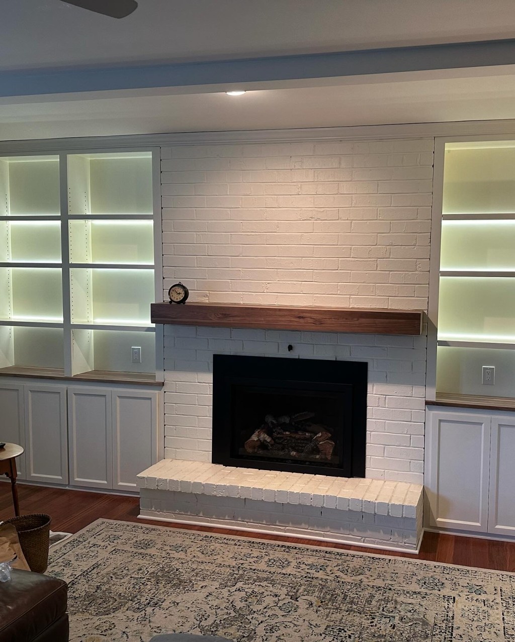 Built-in Cabinets and Lighted Shelves with Walnut Mantel and Brazilian Hardwood&nbsp;Flooring
